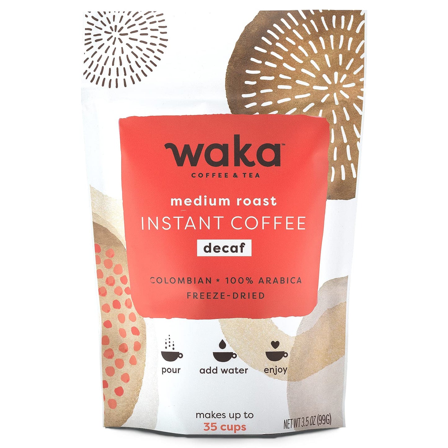 Waka Coffee Instant Coffee - Decaffeinated Medium Roast - Arabica Beans - 35 Count Bag for Hot or Iced Coffee