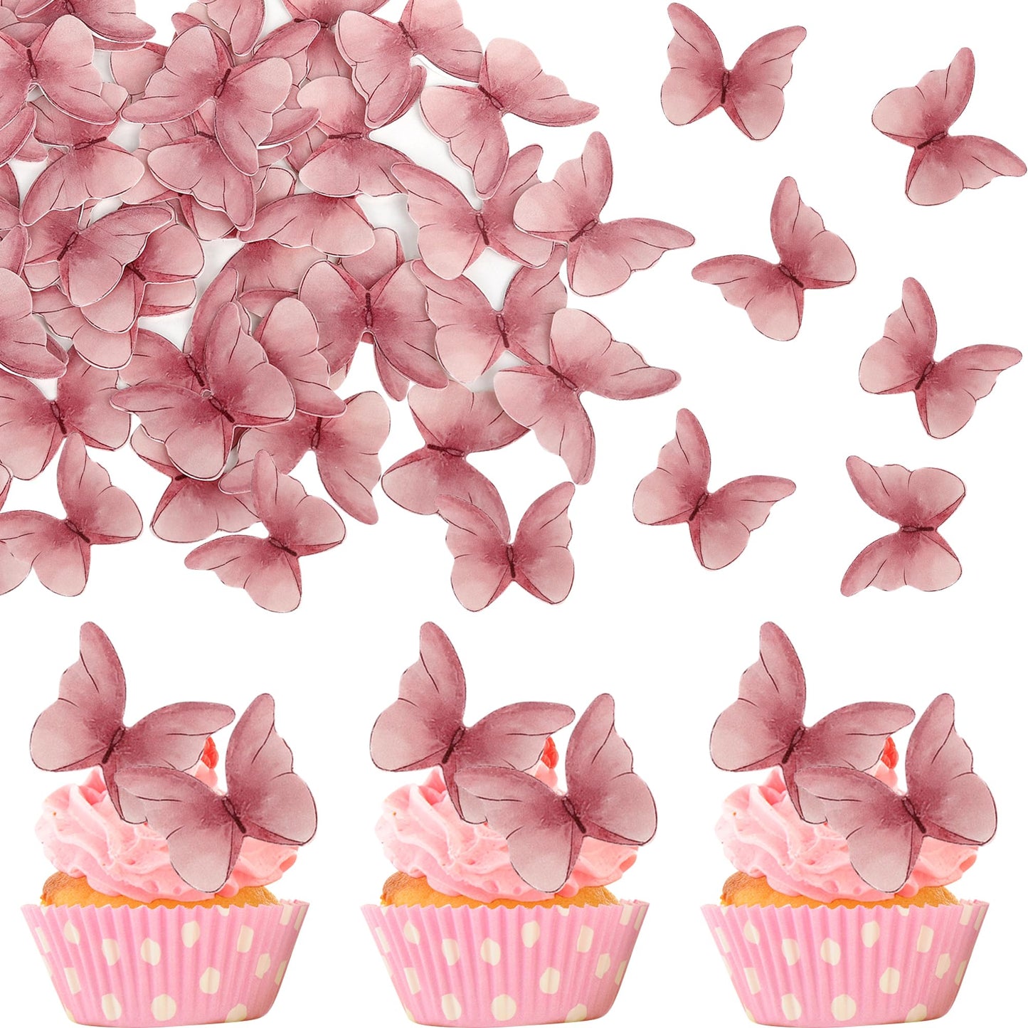 Rsstarxi 48 Pack Edible Butterflies for Cake Decorating, Pink Paper Cupcake Toppers