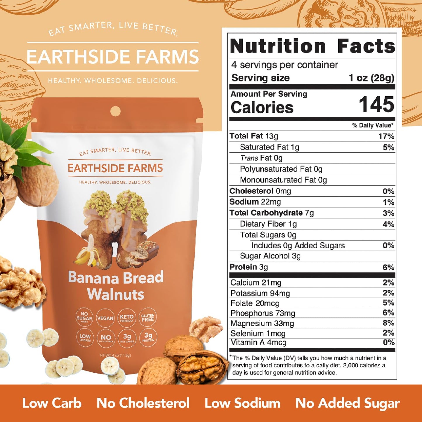 Earthside Farms Banana Bread Walnuts, Candied Walnuts, Low Sugar Keto Snack, Non Gmo, Plant Protein, Vegan, Whole, Natural, Supe