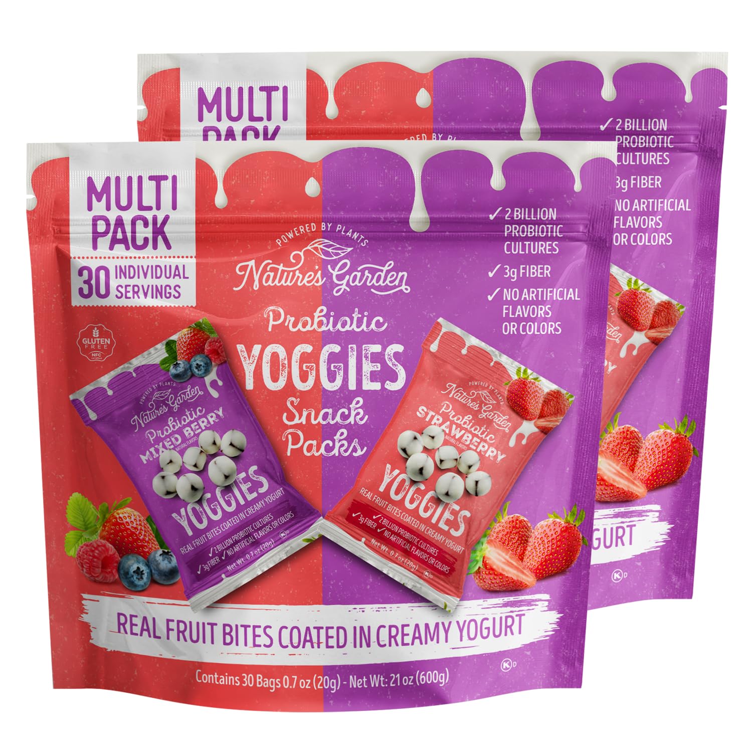 Nature's Garden Probiotic Variety Pack Yoggies 21oz (30 x 0.7oz) Pack of 2 (Strawberry Yoggies 15x0.7 oz +Mixed Berry Yoggies 15