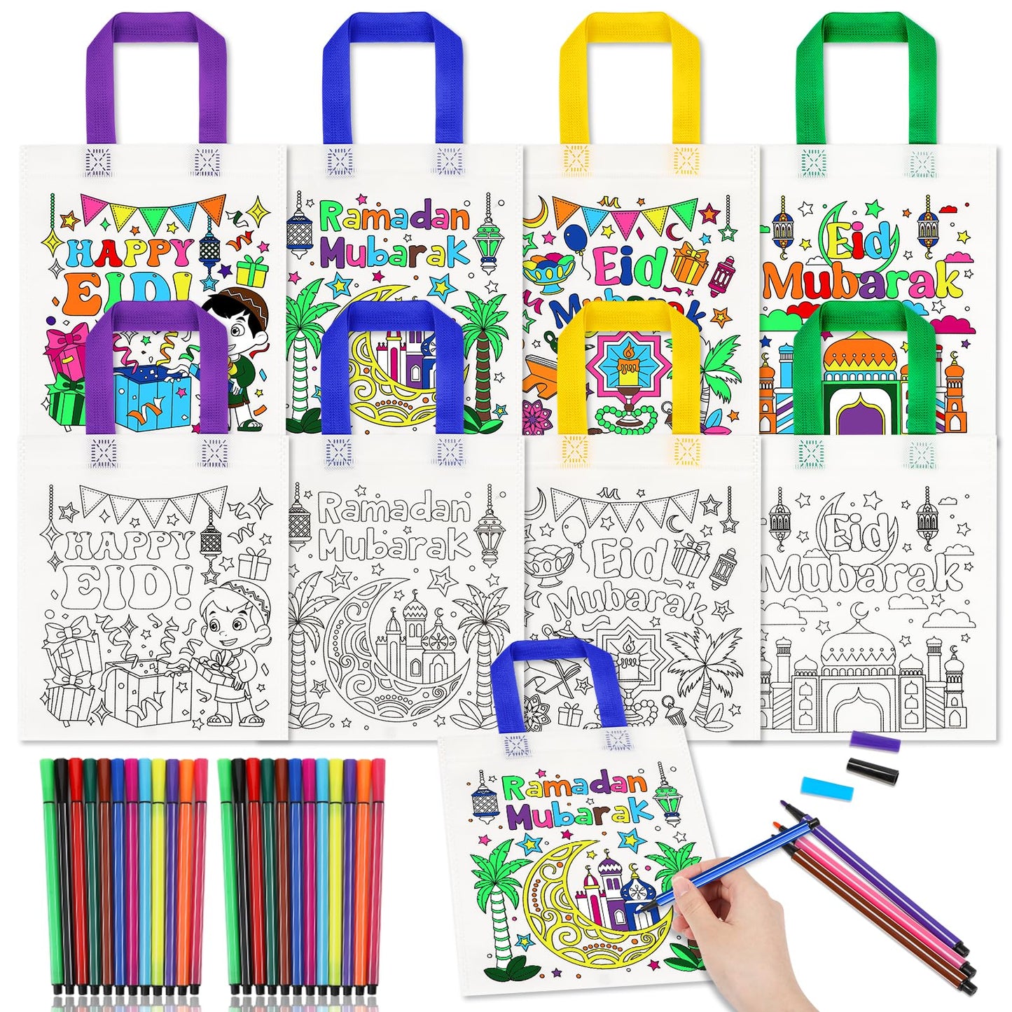 HOWAF 12pcs Eid Holiday Coloring Goodie Bags with Paint Pens for Kids, Eid Mubarak Coloring Candy Bags Ramadan Mubarak Coloring 