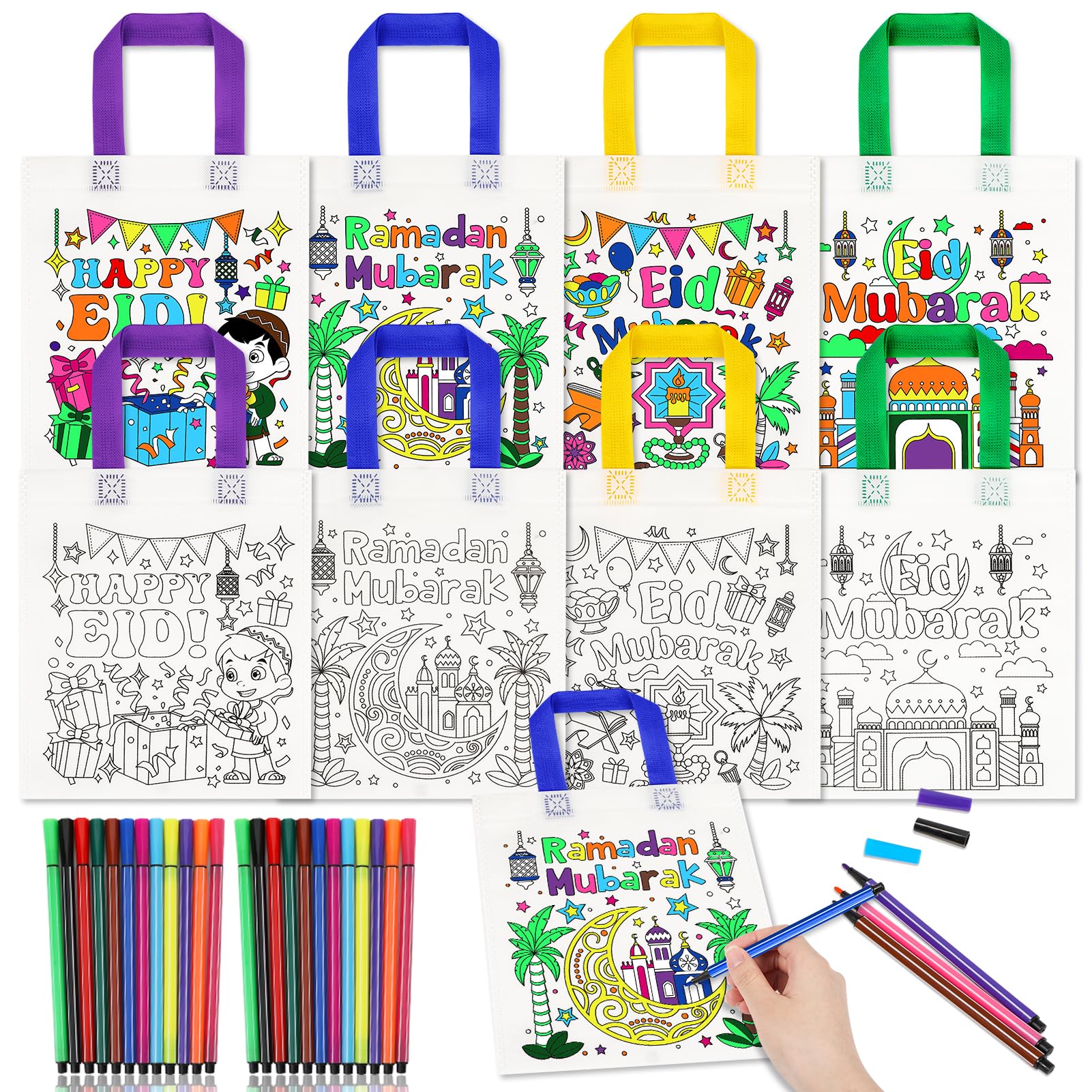 HOWAF 12pcs Eid Holiday Coloring Goodie Bags with Paint Pens for Kids, Eid Mubarak Coloring Candy Bags Ramadan Mubarak Coloring 