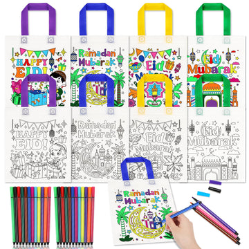 HOWAF 12pcs Eid Holiday Coloring Goodie Bags with Paint Pens for Kids, Eid Mubarak Coloring Candy Bags Ramadan Mubarak Coloring 