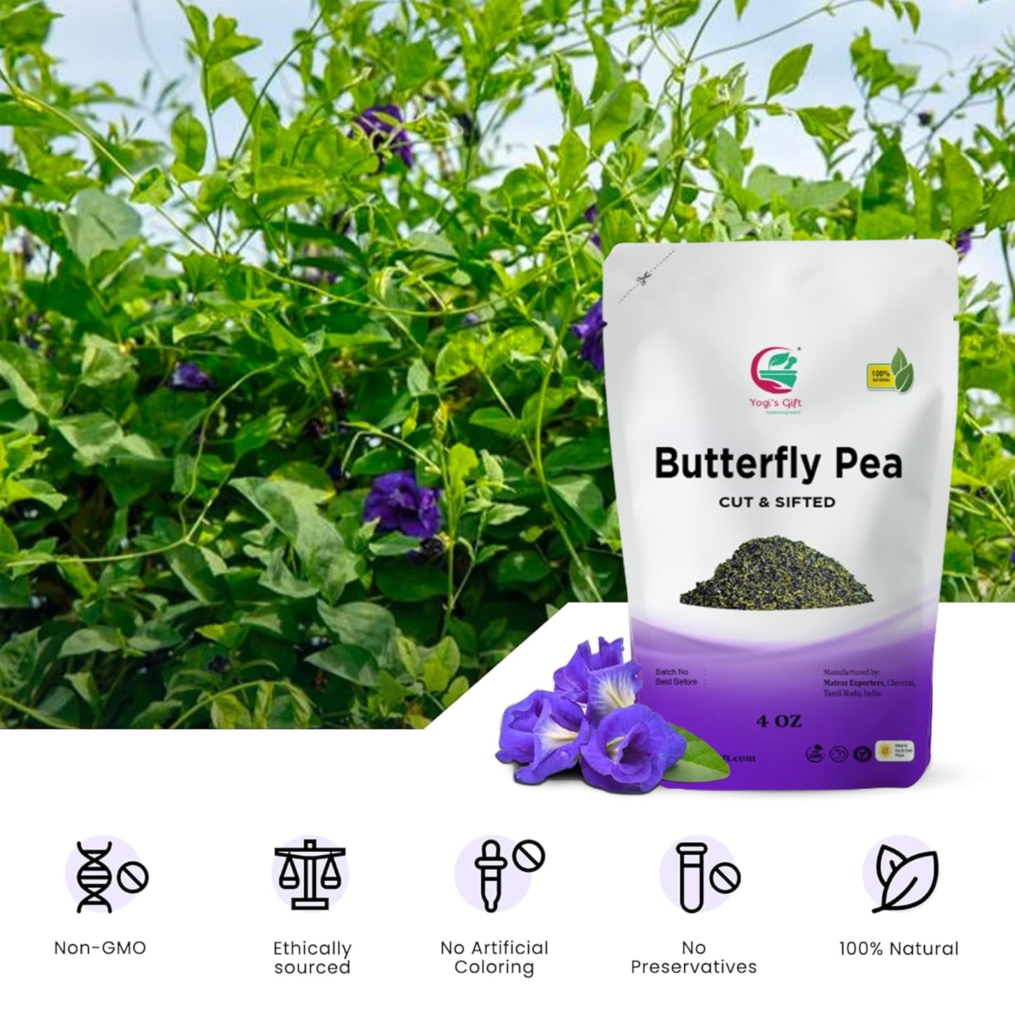 Butterfly Pea Flower 4 Oz, Loose Leaf Cut & Sifted (300+ Cups), Non-Gmo Dried Flowers, Natural Blue, Purple Drinks & Food Coloring, Enhanced Quality, By Yogi’S Gift®