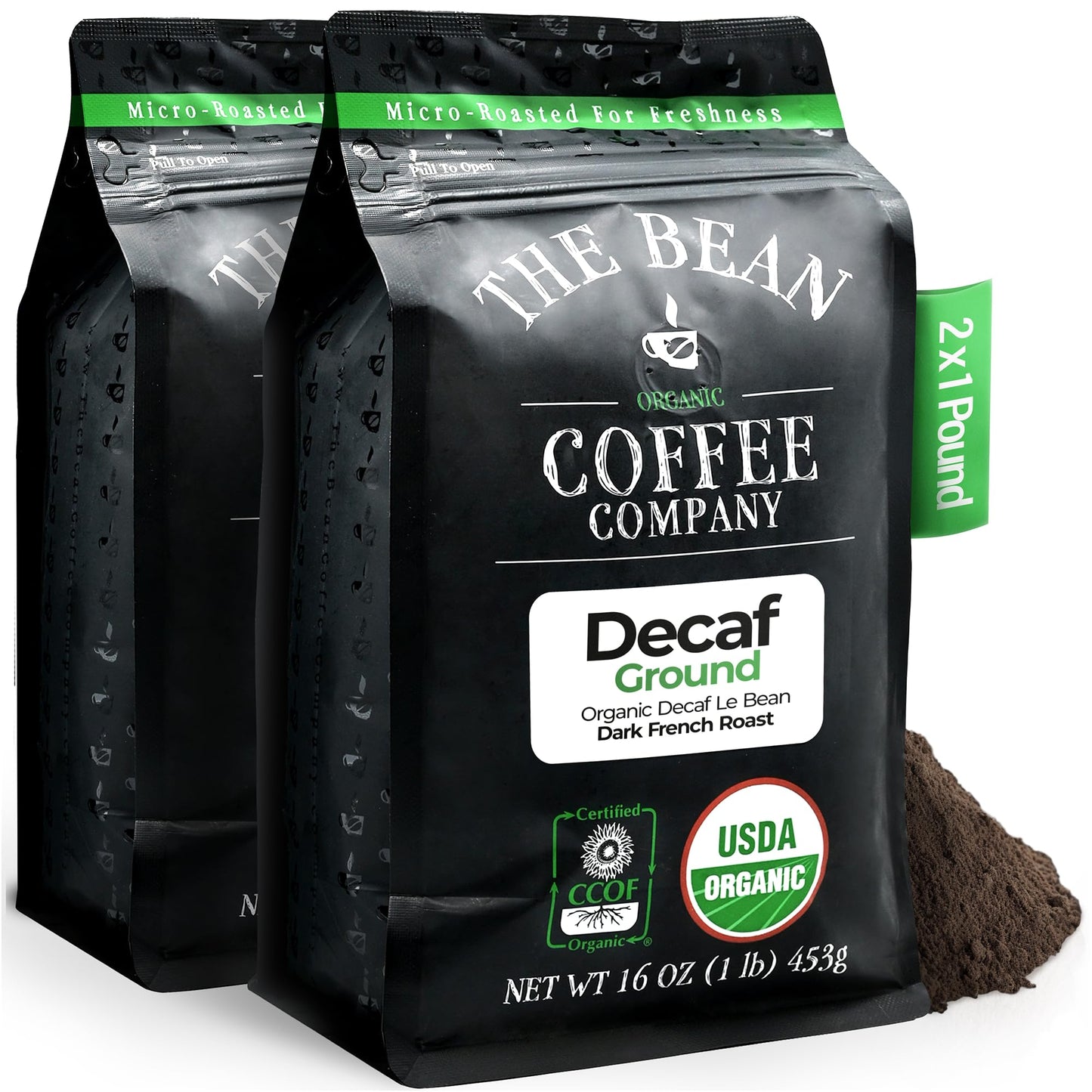 The Bean Organic Coffee Company Water Processed Decaf Le Bean, Dark French Roast, Ground Coffee, 16-Ounce Bags (Pack Of 2), Café Molido Tostado Orgánico Descafeinado