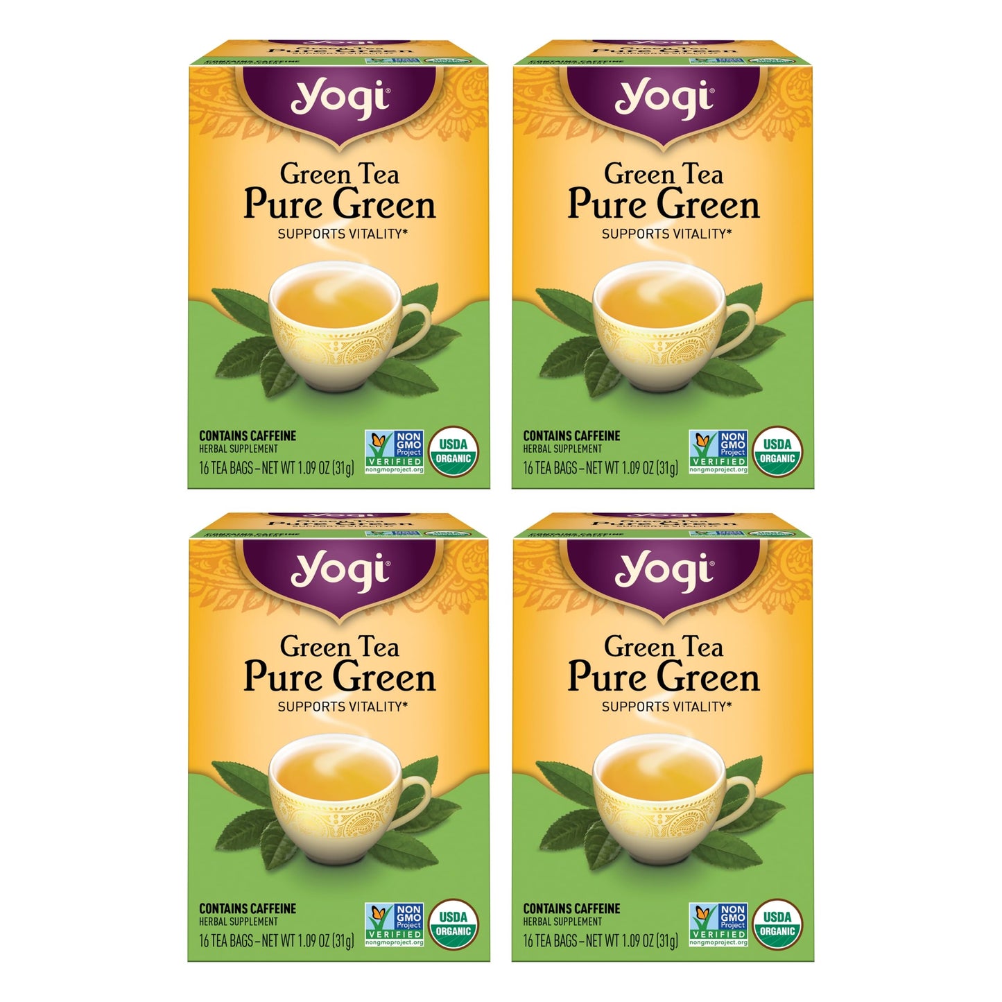 Yogi Pure Green Tea - Organic - 16 Bags per Pack (4 Packs) - Supports Overall Health & Antioxidants