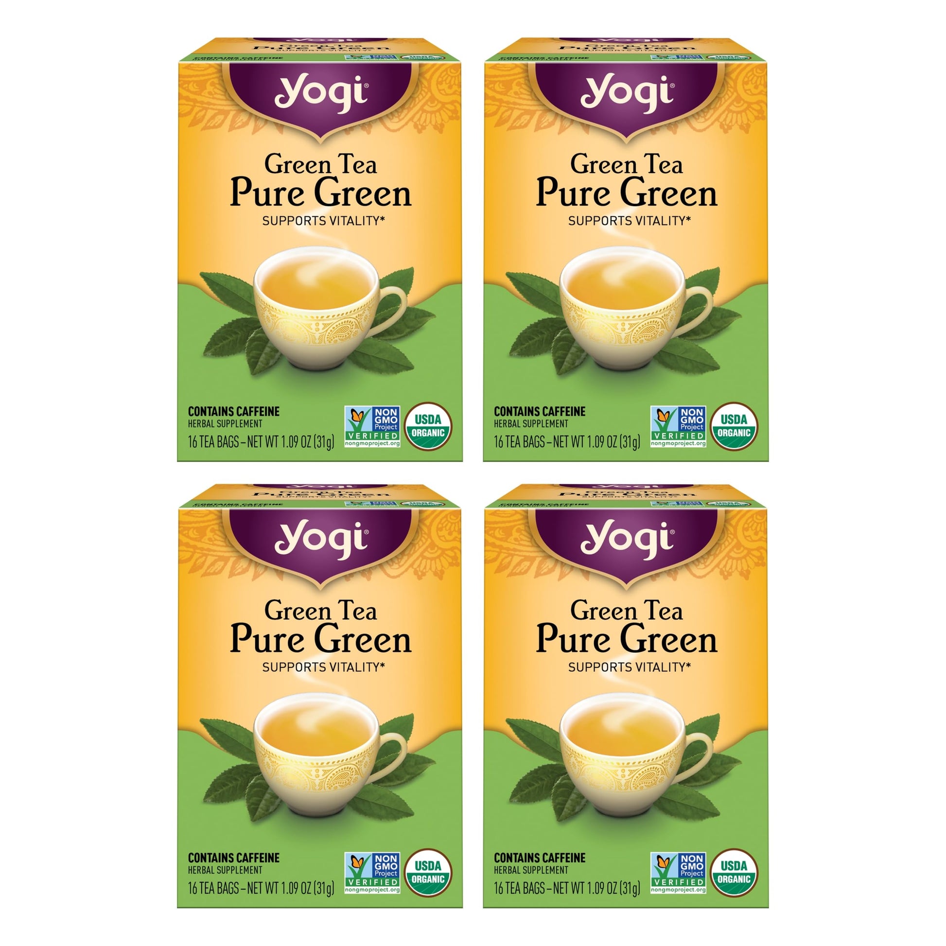 Yogi Pure Green Tea - Organic - 16 Bags per Pack (4 Packs) - Supports Overall Health & Antioxidants