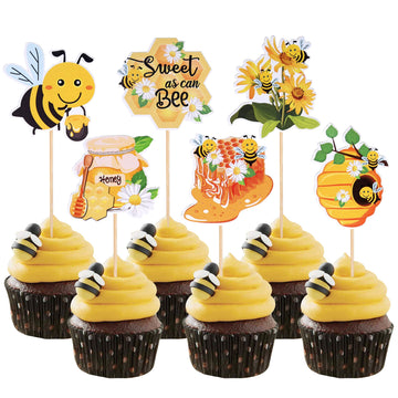 36 Pcs Bumble Bee Cupcake Toppers Double Sided Flower Sweet Bee Honeycomb Cupcake Picks Flower Oh Babee Cake Picks For Bee Theme
