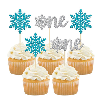 Gyufise 24 Pack Snowflake One Cupcake Toppers Blue Silver Glitter Snowflake Cupcake Pick Decorations For Winter Onederland 1St B