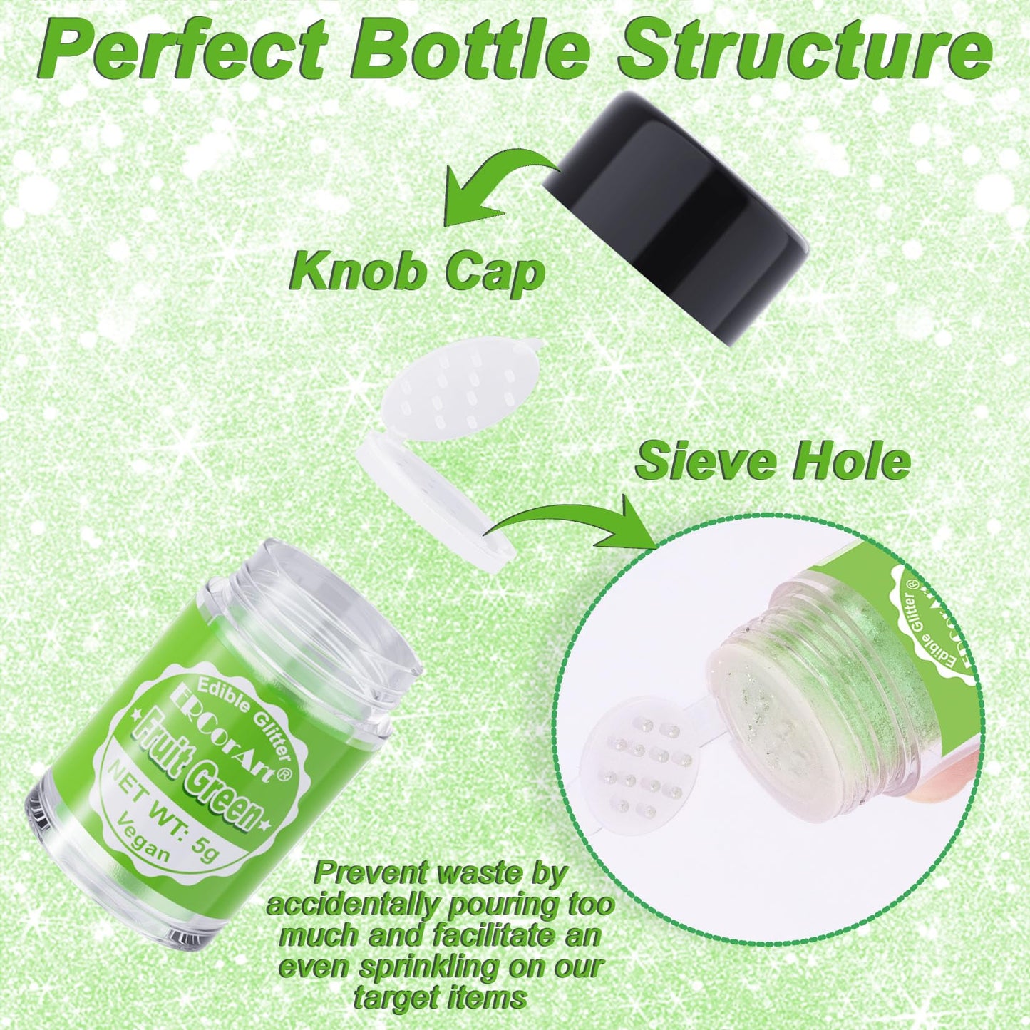 Edible Glitter - Fruit Green Luster Dust Edible For Drinks Cakes, Food Grade Cake Decorating Shimmering Glitter, Sprinkle Powder