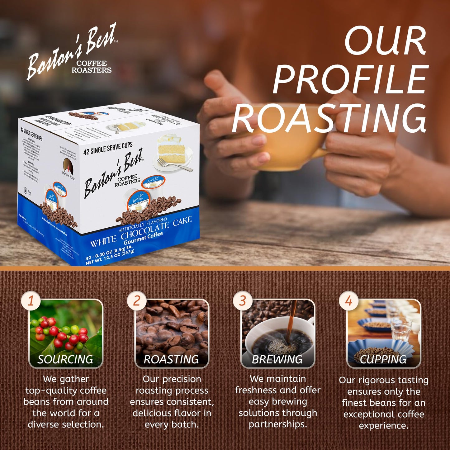 Bostons Best Gourmet Coffee - White Chocolate Cake Flavor, Medium Roast, 42 Single Serve Cups