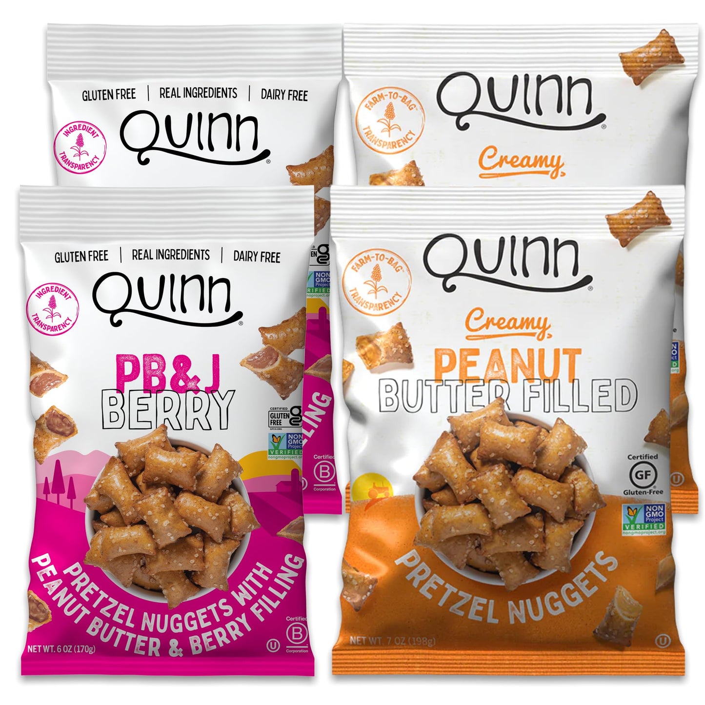 Quinn Peanut Butter Lovers Variety Pack - Filled Pretzel Nuggets, Vegan, Non-GMO, 6 Ounce (Pack of 4)