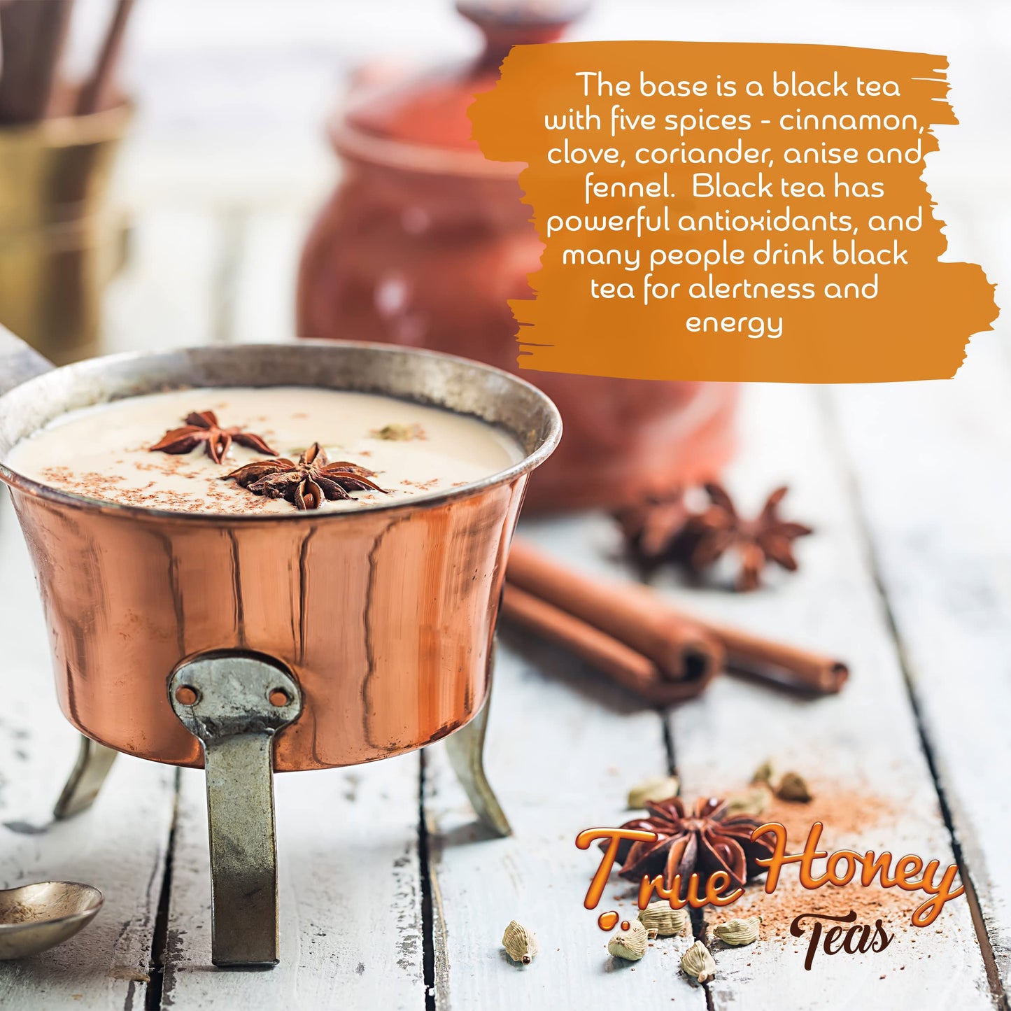 True Honey Chai Tea Bags - Providing Herbal Wellness - All Natural Organic Cinnamon, Clove, Coriander, Anise And Fennel Black -