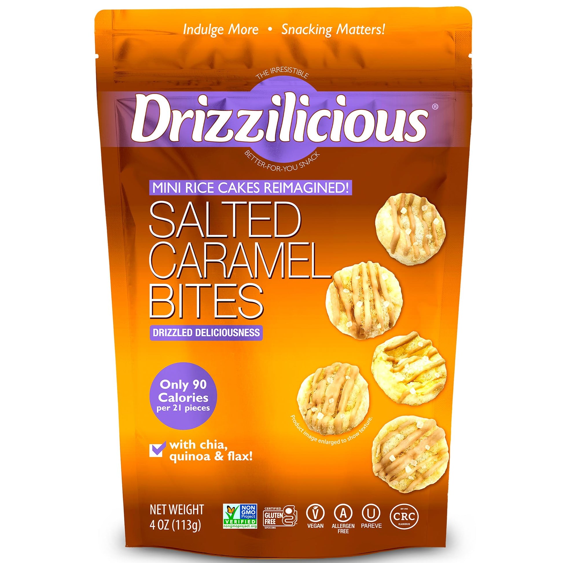 Drizzilicious Mini Rice Cakes Salted Caramel - Rice Crisps, Healthy Snack For Mature-Themeds & Kids, Flavored Rice Cakes, Vegan, Gluten Free, Allergen Free, 90 Calories Per Serving- 4 Oz (Pack Of 6)