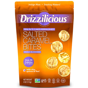 Drizzilicious Mini Rice Cakes Salted Caramel - Rice Crisps, Healthy Snack For Mature-Themeds & Kids, Flavored Rice Cakes, Vegan, Gluten Free, Allergen Free, 90 Calories Per Serving- 4 Oz (Pack Of 6)