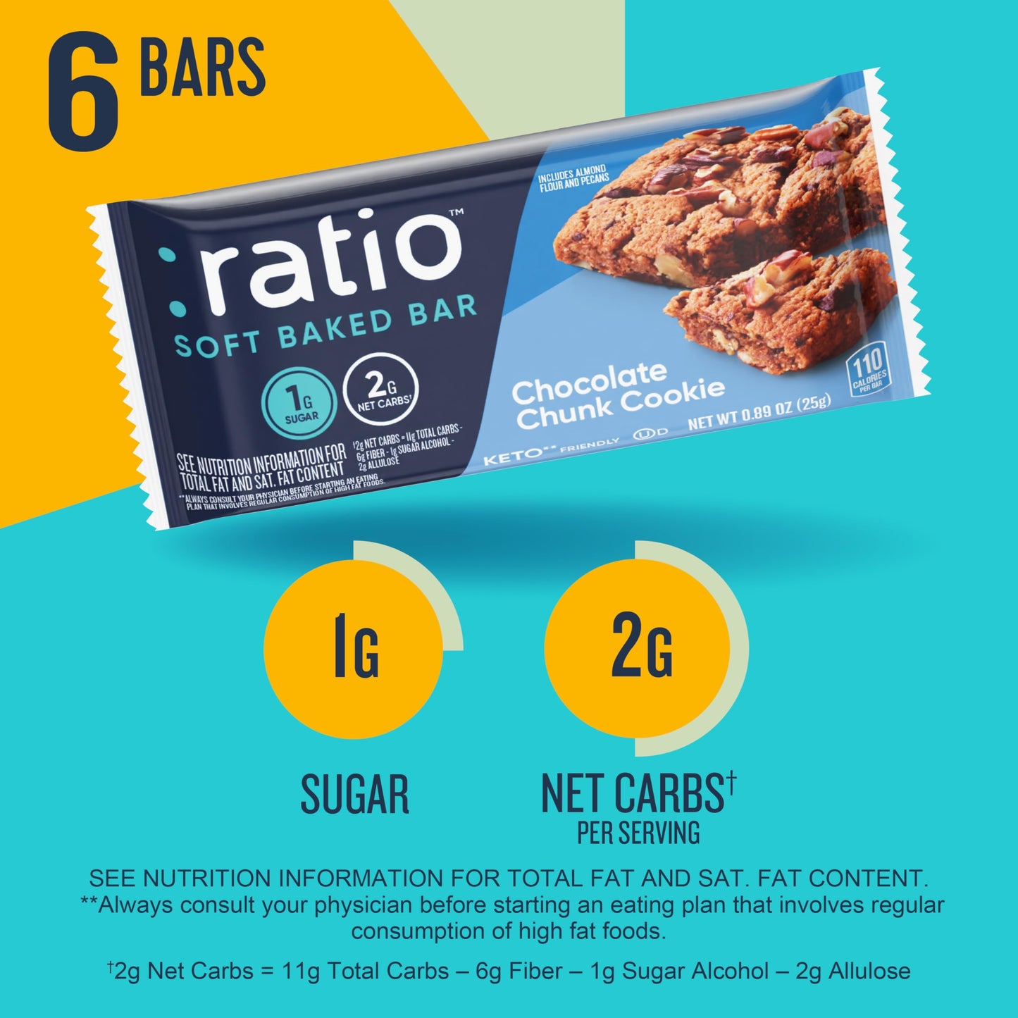 Ratio Soft Baked Bars, Chocolate Chunk Cookie, Keto Friendly, 6 Count, 1g Sugar, Brown