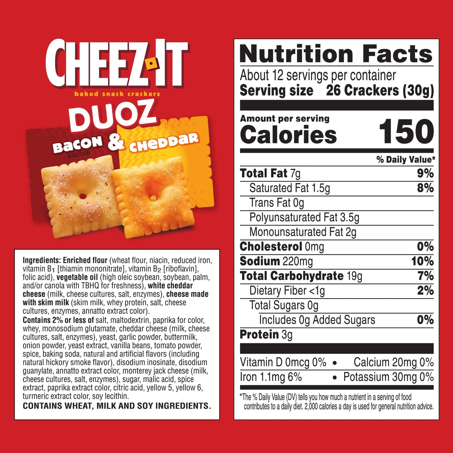 Cheez-It DUOZ Baked Snack Crackers, Lunch Snacks, Bacon and Cheddar, 12.4oz Box (1 Box)