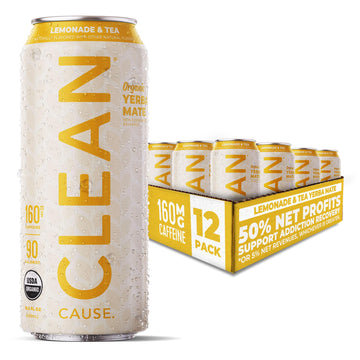 CLEAN CAUSE Yerba Mate Tea, USDA Organic, Low Sugar, 160mg Caffeine, Non-Carbonated, 12-Pack Case (15.5oz cans)