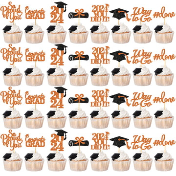 40Pcs Orange Graduation Cupcake Toppers 2024 Graduation Decorations Class Of 2024 Hat Cupcake Toppers Picks Graduation Party Dec