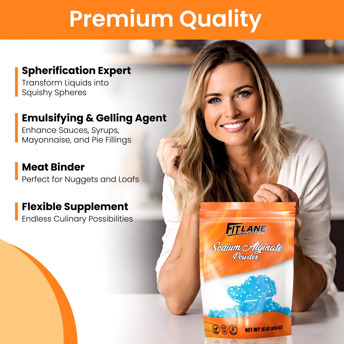 Fit Lane Nutrition Sodium Alginate Powder, Food Grade, Non-GMO, Vegan, 16 oz Bag