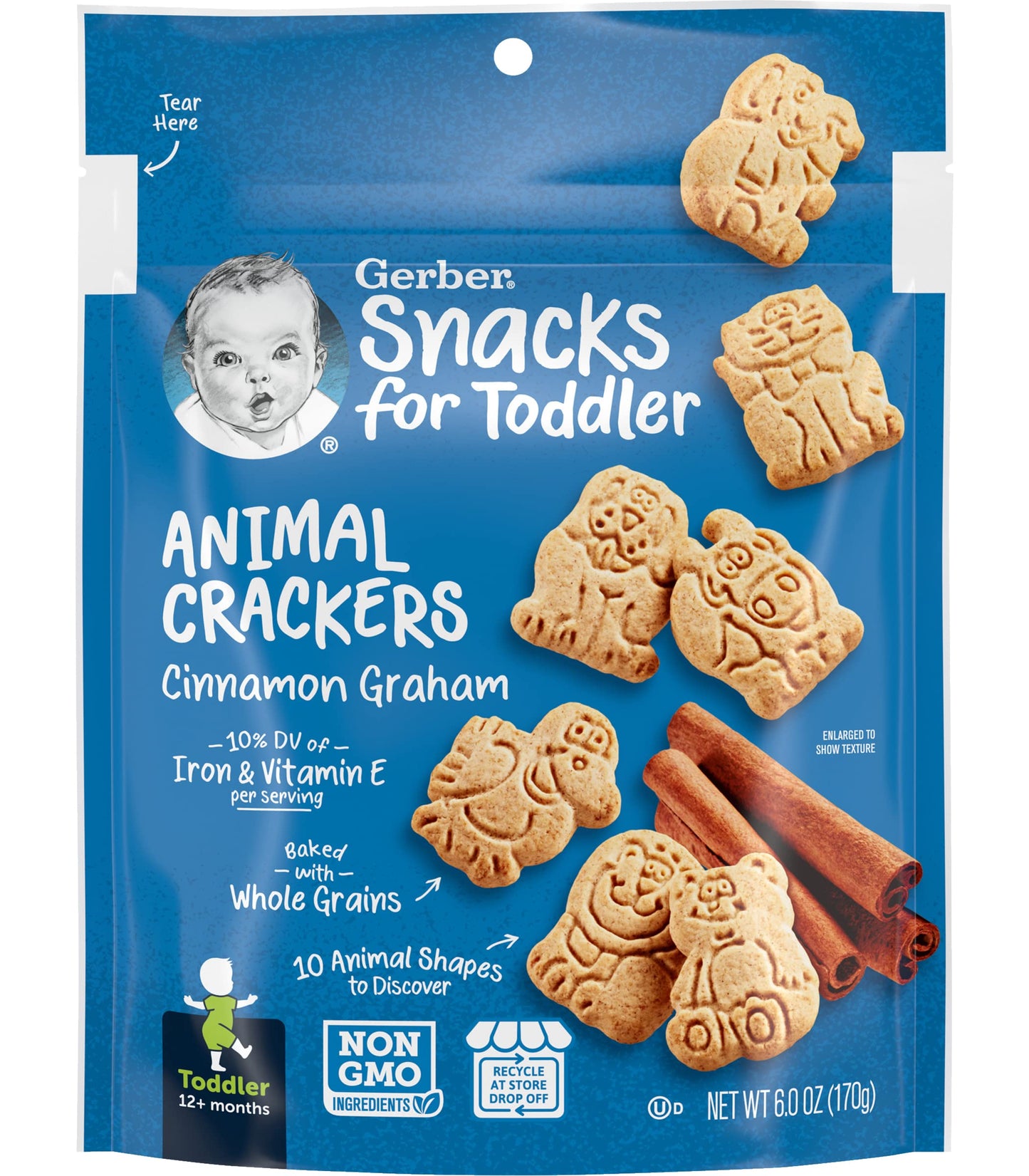 Gerber Snacks for Toddler Animal Crackers, Cinnamon Graham, Toddler Snack Baked with Whole Grains & Non-GMO Ingredients, 6 Ounce