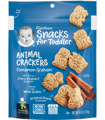 Gerber Snacks for Toddler Animal Crackers, Cinnamon Graham, Toddler Snack Baked with Whole Grains & Non-GMO Ingredients, 6 Ounce