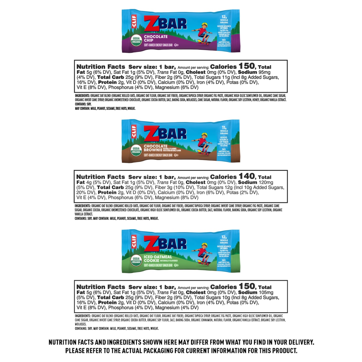 Zbar - Chocolate Chip, Iced Oatmeal Cookie, And Chocolate Brownie - Variety Pack - Soft-Baked Energy Snack Bars - Non-Gmo - 11-12G Whole Grains - Usda Organic Granola Bars (18 Count, Mix May Vary)