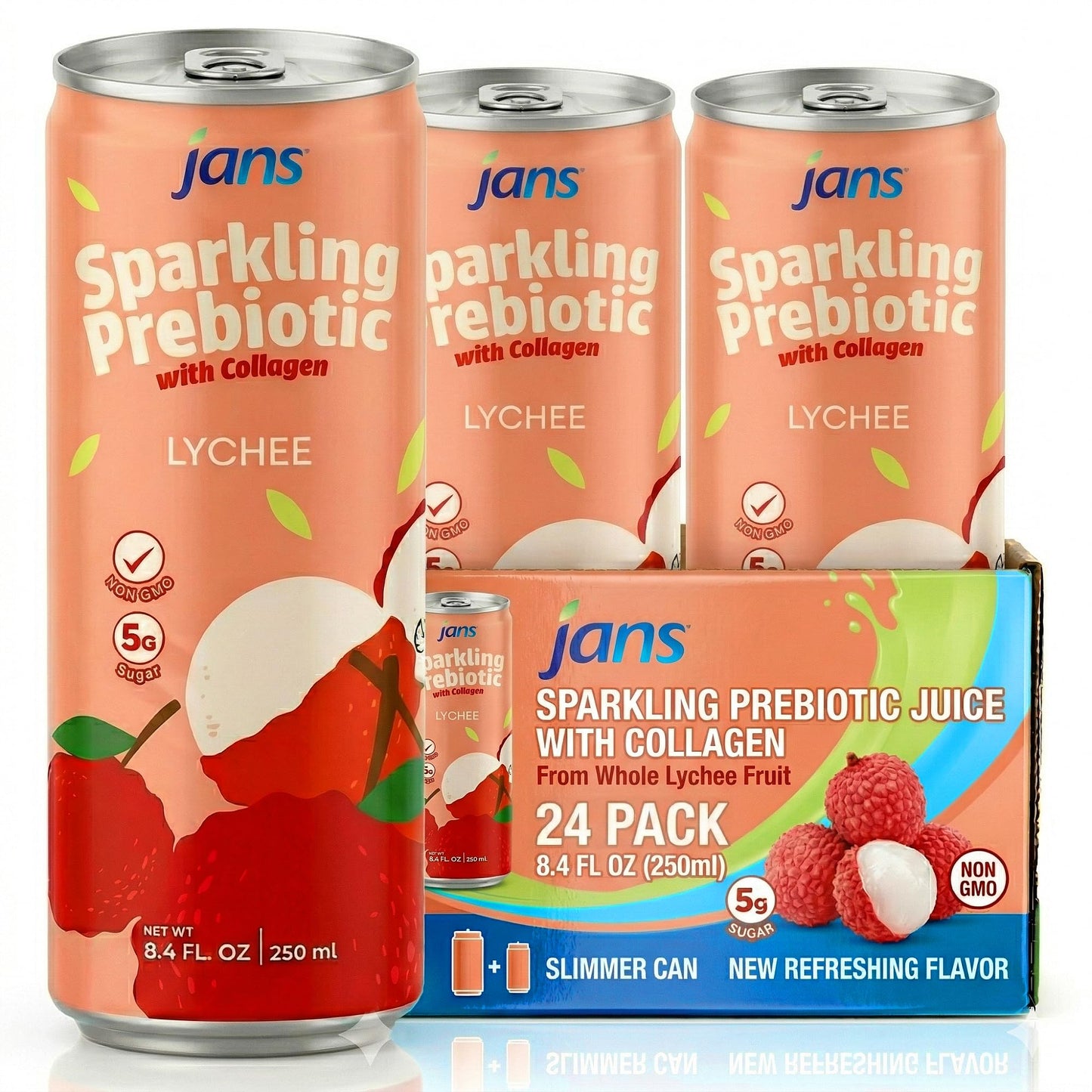 Jans Sparkling Prebiotic with Collagen Soda Beverage - Lychee 8.4 Fl Oz (24-Pack) - Low Calorie, NO Added Sugar, Non-GMO Sparkli
