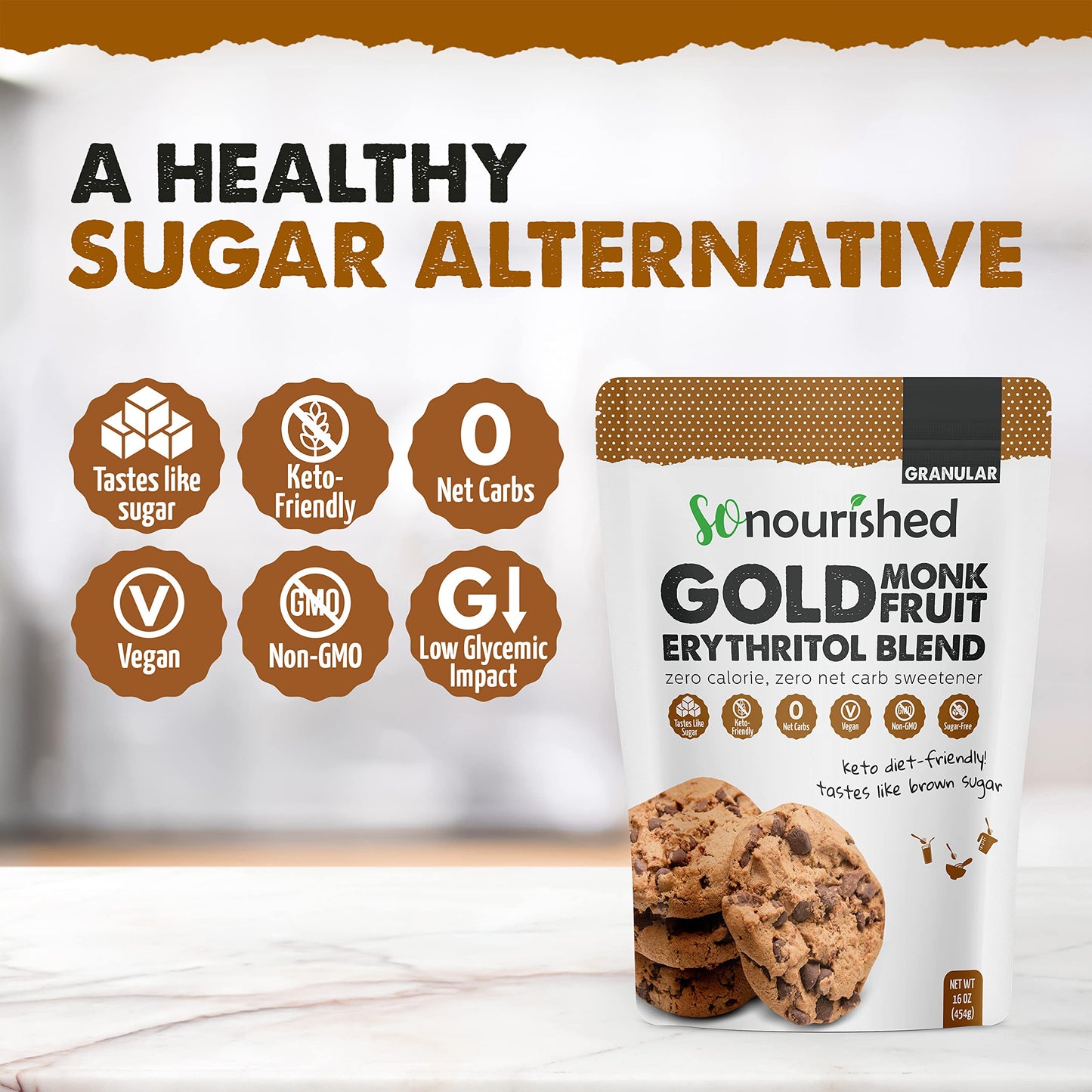 GOLD - Brown Sugar Alternative Substitute 1:1 Sugar Replacement - Monk Fruit Erythritol Sweetener for Low Carb Dieters and Diabe