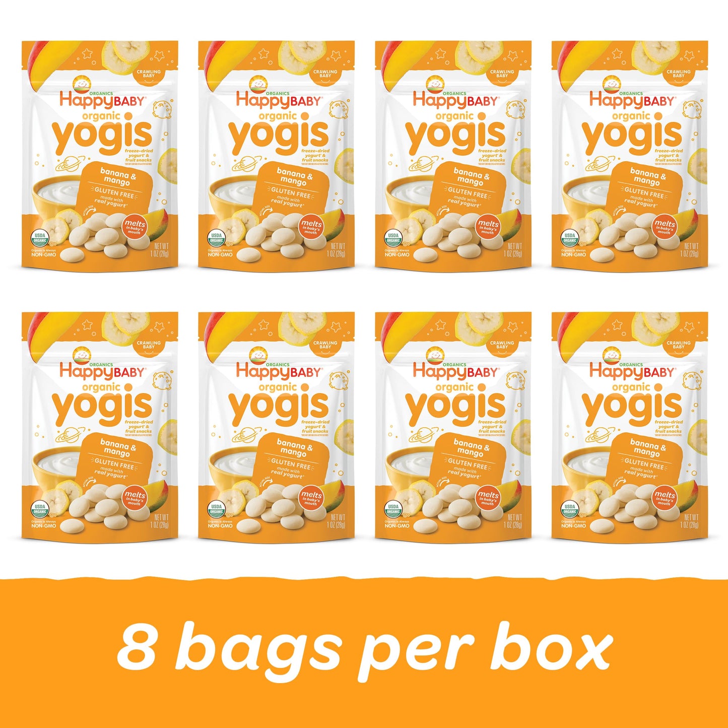 Happy Baby Organics Yogis Freeze-Dried Yogurt & Fruit Snacks, Banana & Mango, 1 Ounce Bag (Pack Of 8) Packaging May Vary