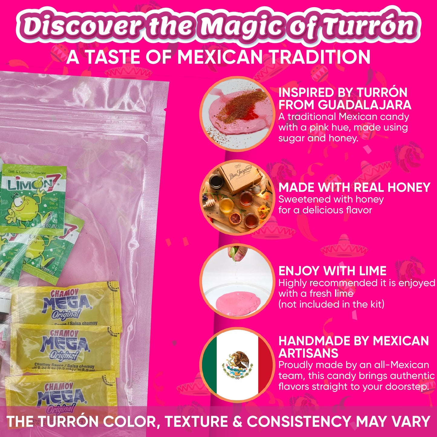 Sabores De Mexico Turron Kit - 4oz Turron, 2 Mini Chili Powders, 3 Chamoy Packets, 4 Limon7, Sweet & Spicy Mexican