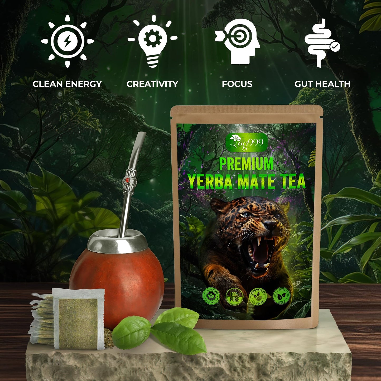 TOG999 Yerba Mate Tea Bags, Hi-Caffeine, Unsmoked, 60 Bags, Rich in Antioxidants, Fresh from Argentina