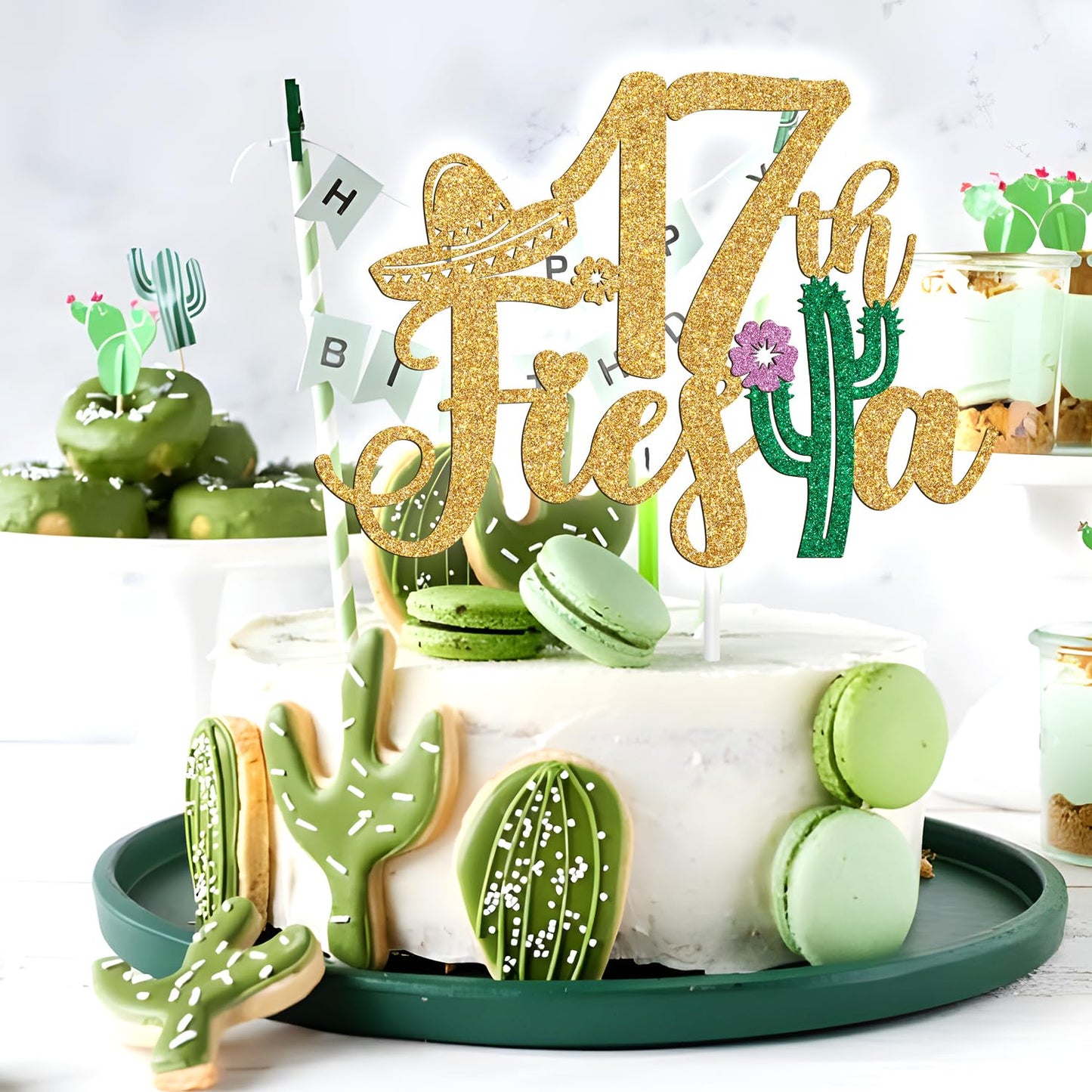 Tivurcia Fiesta 17th Cake Topper, Gold Tropical Hawaiian Theme Decoration