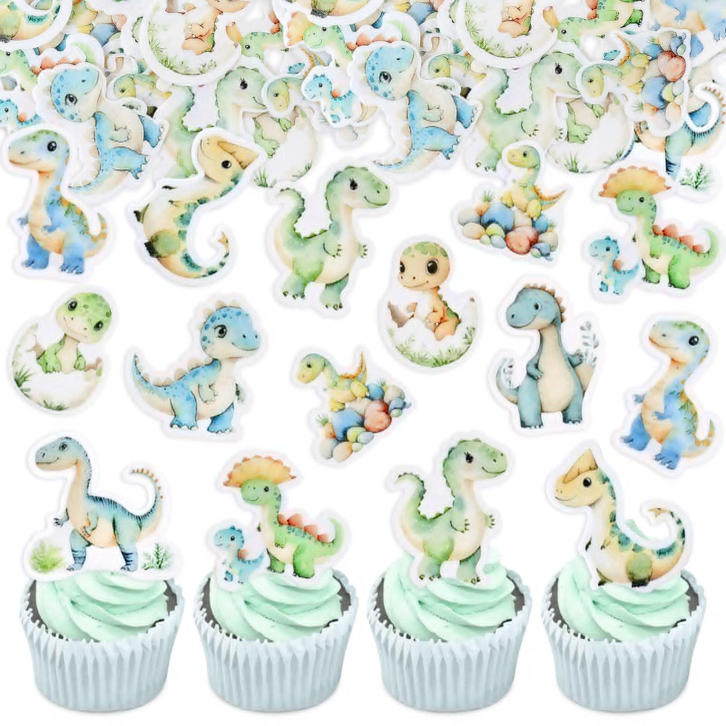 50Pcs Edible Dinosaur Cupcake Toppers Cute Dinosaur Baby Cupcake Picks Drink Toppers For Dinosaur Theme Baby Shower Kids Boys Girls Birthday Party Cake Decorations Supplies