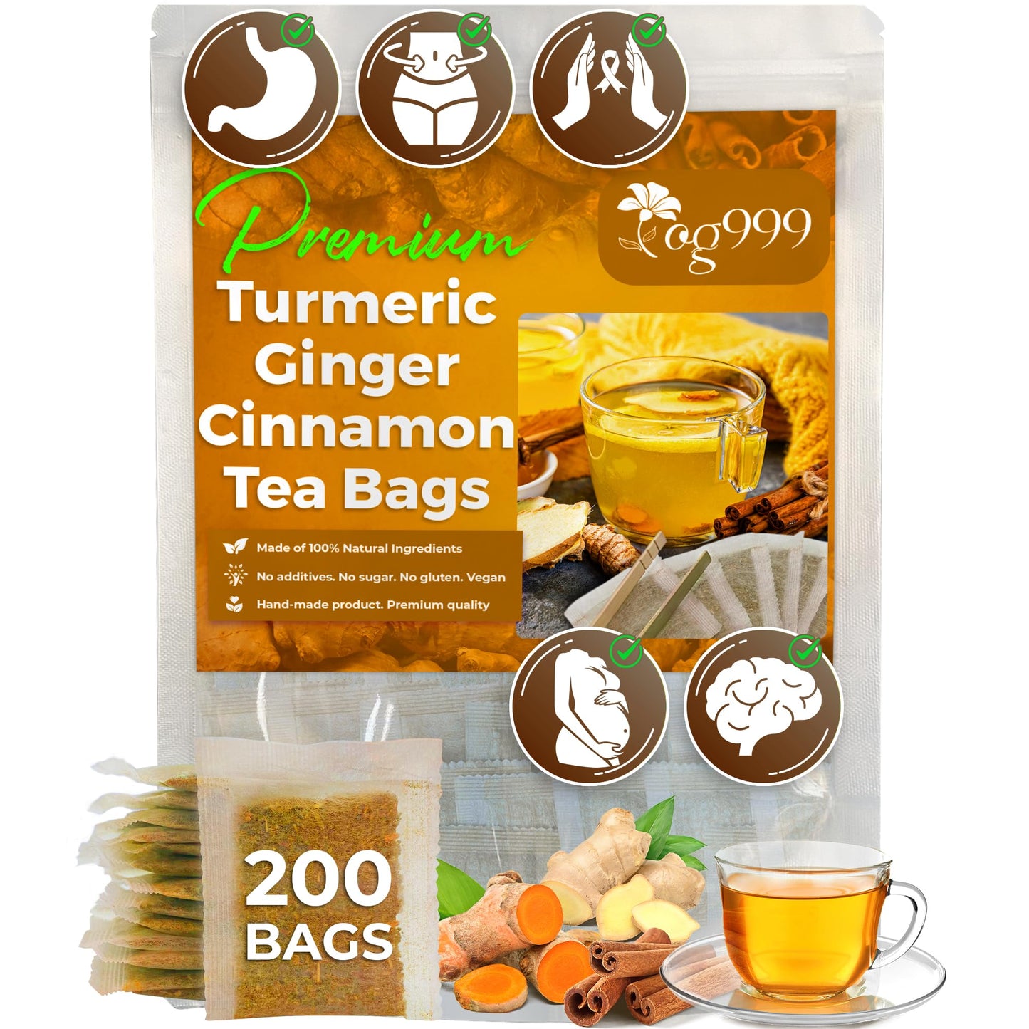 TOG999 Turmeric Ginger Cinnamon Herbal Tea Bags - 200 Count, Vegan, No Sugar, No Caffeine, Eco-Conscious Ingredients