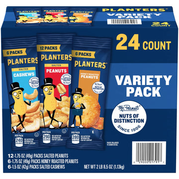 PLANTERS Peanuts & Cashews Variety Pack, 40.5 oz, 24 Count, Includes Honey Roasted Peanuts, Salted Peanuts, Salted Cashews