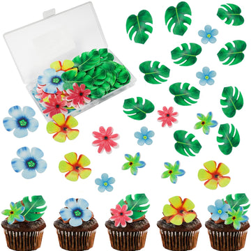 83Pcs Edible Tropical Turtle Leaves Flower Cupcake Toppers Wafer Paper Palm Leaf Flower Cake Topper Edible Cake Decoration For H