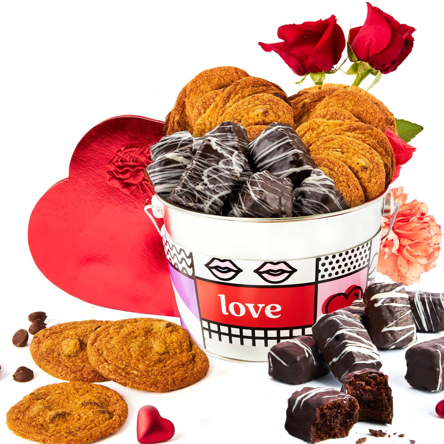 Davids Cookies Love Assorted Cookies Bucket 1.3Lbs - Delicious Thin Crispy Cookies & Chocolate Dipped Soft Brownies Treats - Lov