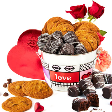 Davids Cookies Love Assorted Cookies Bucket 1.3Lbs - Delicious Thin Crispy Cookies & Chocolate Dipped Soft Brownies Treats - Lov