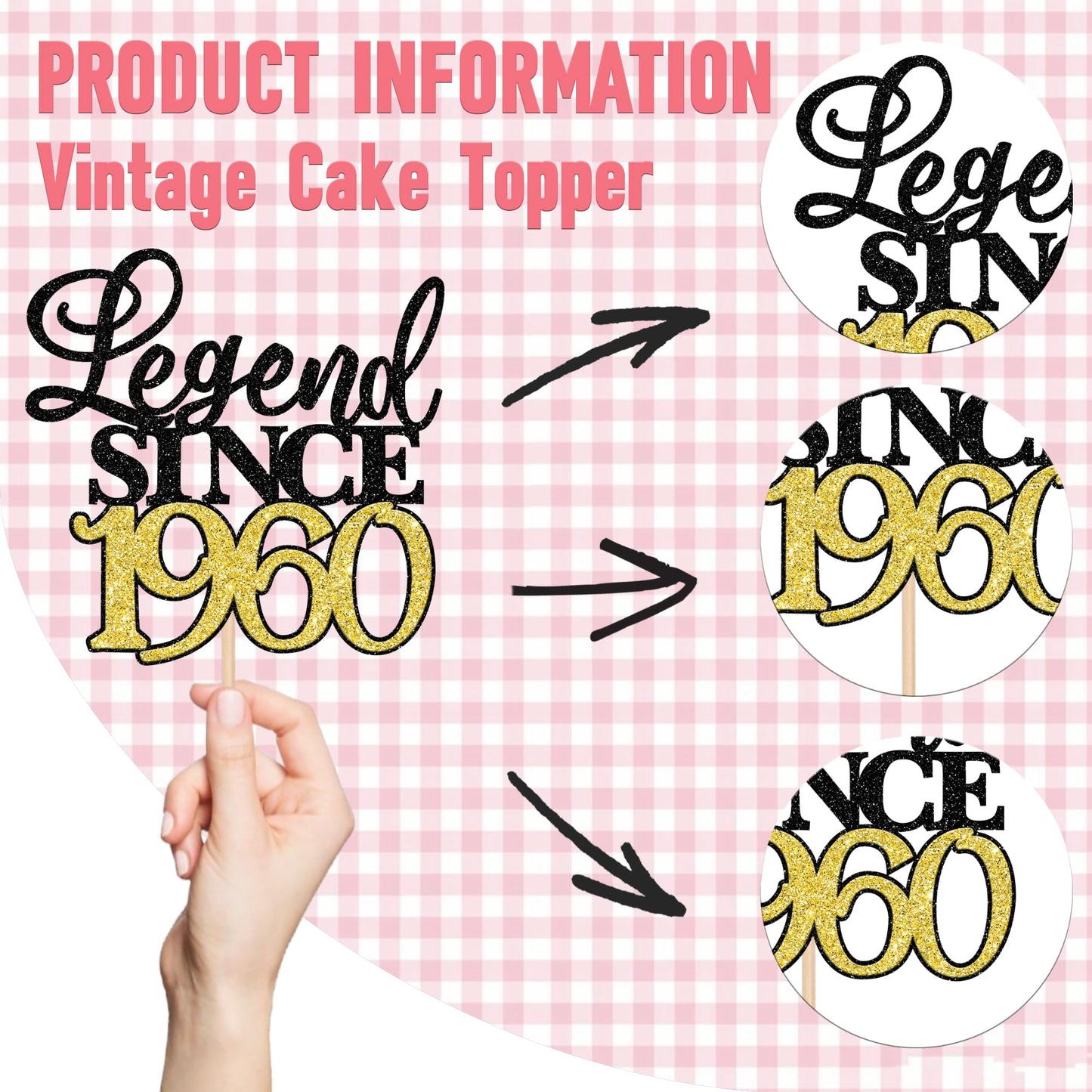 Rssta i Cake Topper - Legend Since 1960, Glitter Design, 65th Birthday Decoration, Black Gold
