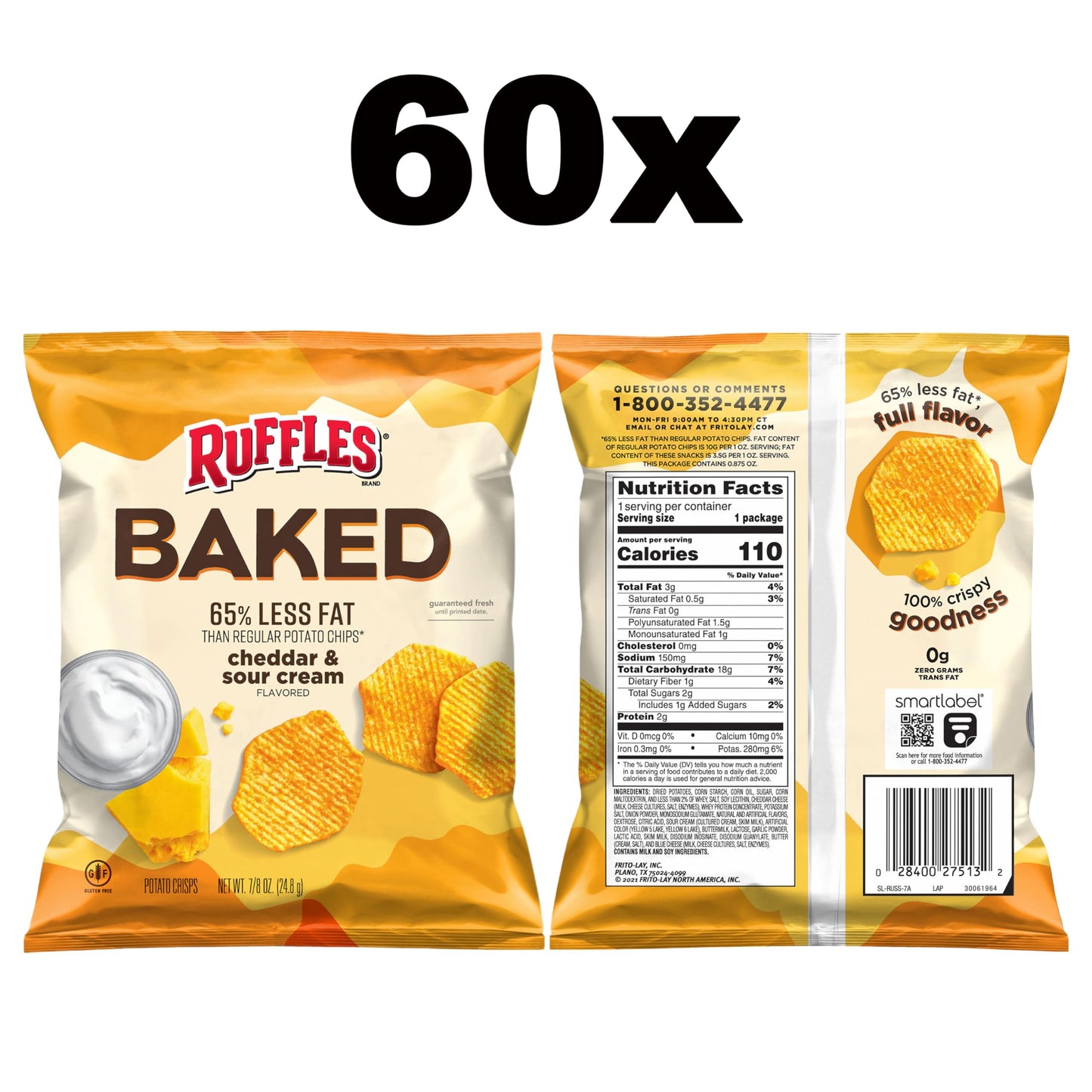Baked, Ruffles Cheddar & Sour Cream, 0.8 Ounce (Pack of 60)