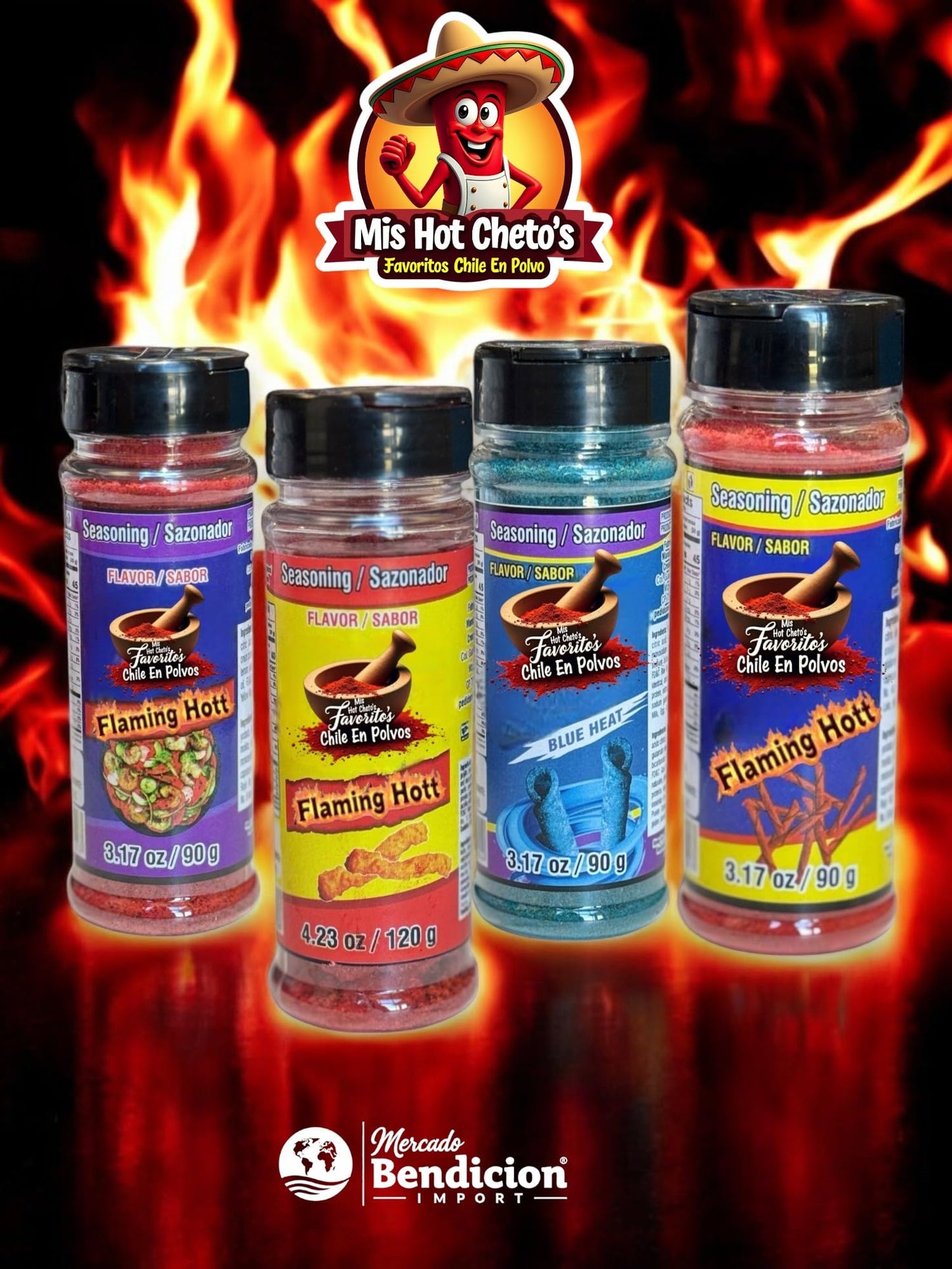 Flaming Hot Flavored Chili Powder Pack Of 4 Hot Flaming (4 Pack, Tost Hot, Flamin,Takiblu,Takihot)
