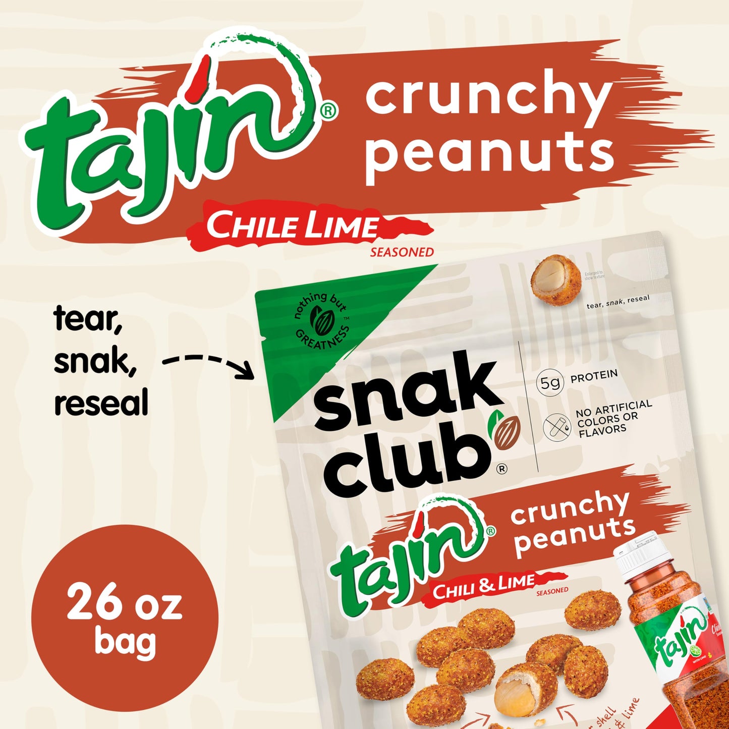 Snak Club Tajin Crunchy Peanuts  Nuts with Chili and Lime Seasoning  Mild  26 oz Resealable Bag