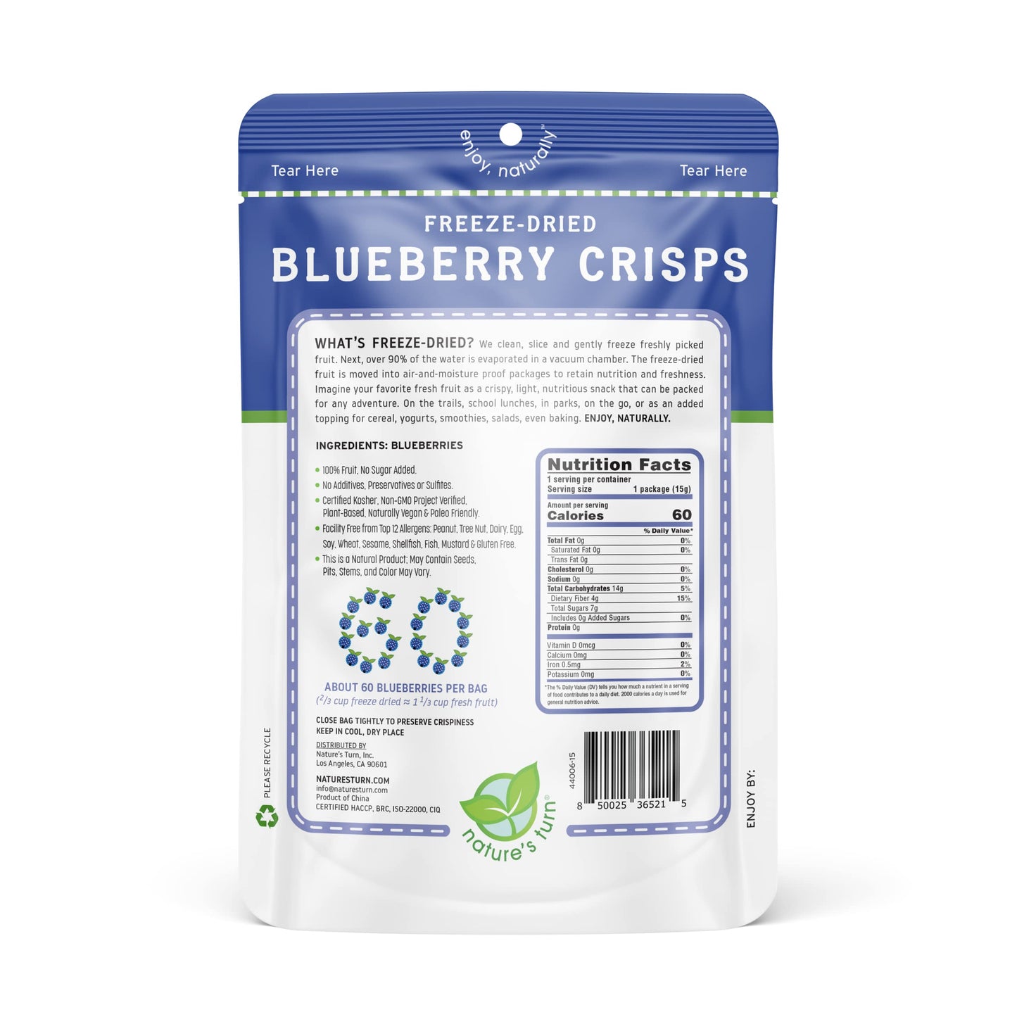 Natures Turn Freeze-Dried Blueberry Crisps - Healthy, Gluten-Free, Crispy & Delicious, Plant-Based Snack, Ideal for Cereal, Smoo