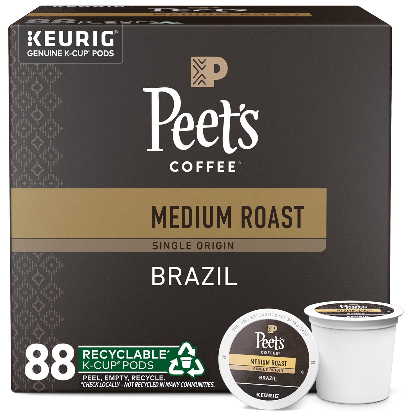 Peets Coffee Medium Roast K-Cup Pods, Single Origin Brazil, 88 Count (4 Boxes of 22 Pods)