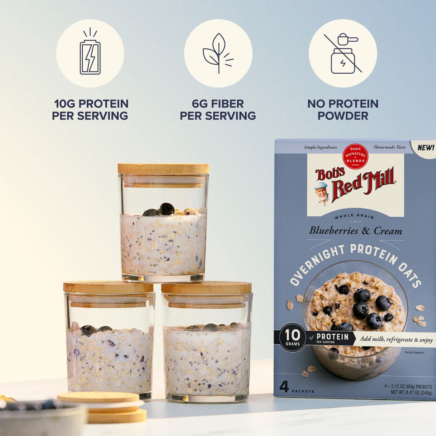Bob s Red Mill Overnight Protein Oats, Blueberries & Cream, 16 Packets Total, Non-GMO, Gluten Free, Whole Grain