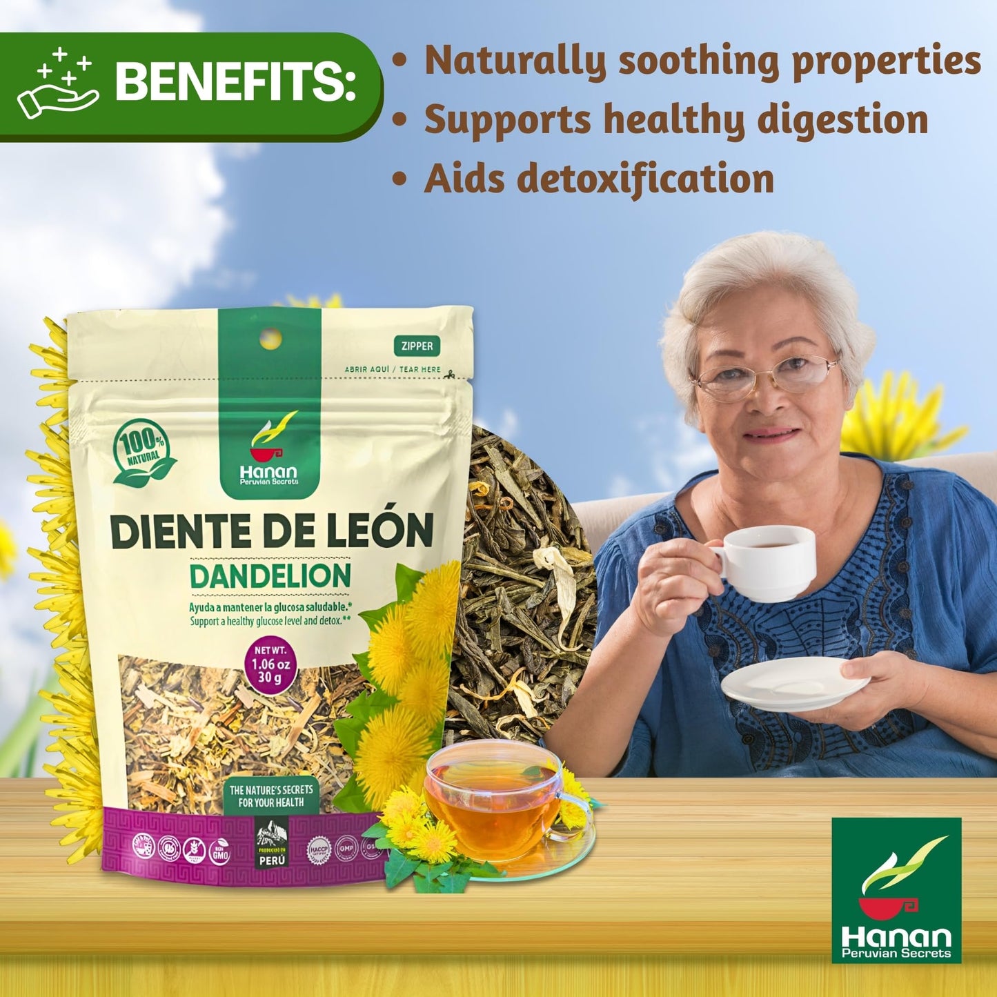 Hanan Dandelion Loose Leaf Herbal Tea - 1.1 oz (30 g) Dandelion Leaves from Peru