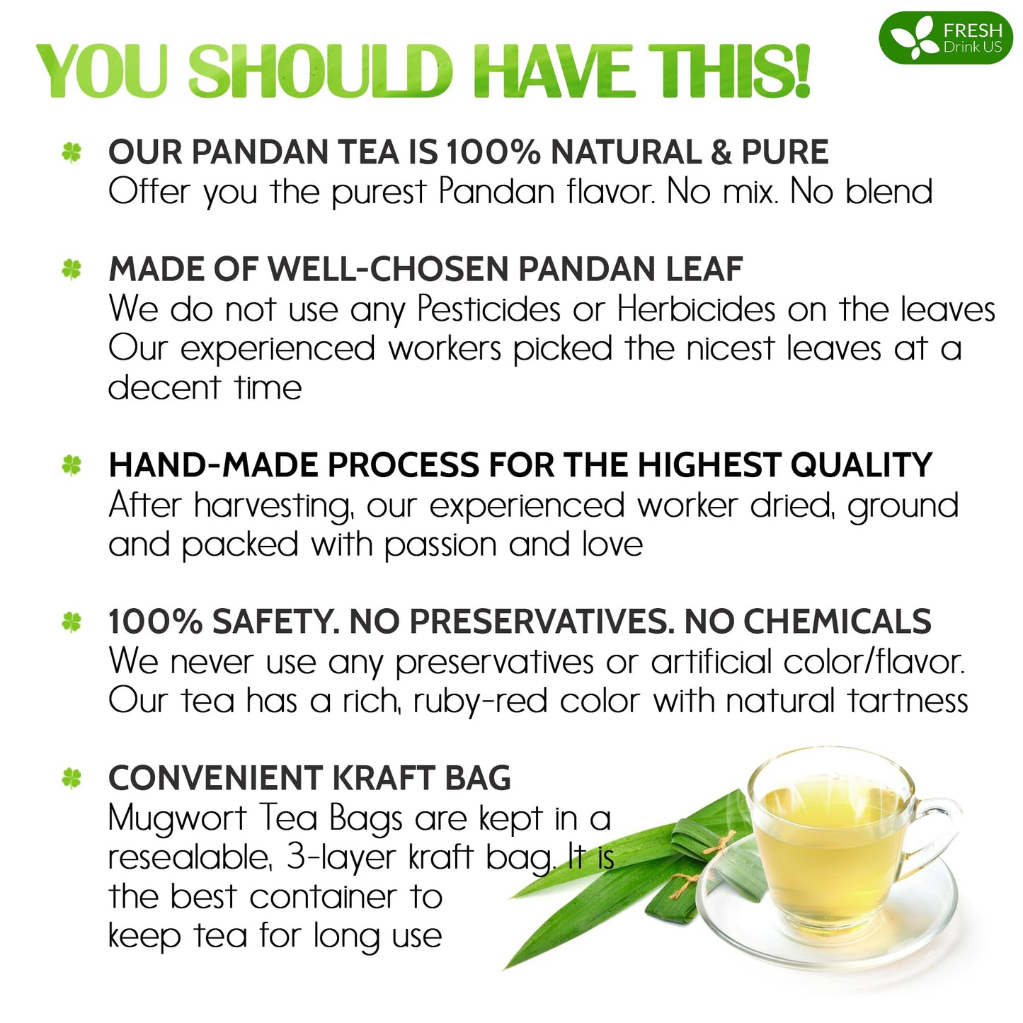 FRESHDRINKUS Pandan Leaf Herbal Tea Bags, 100% Natural, 55 Tea Bags, Vegan, No Sugar, No Caffeine, Gluten-Free