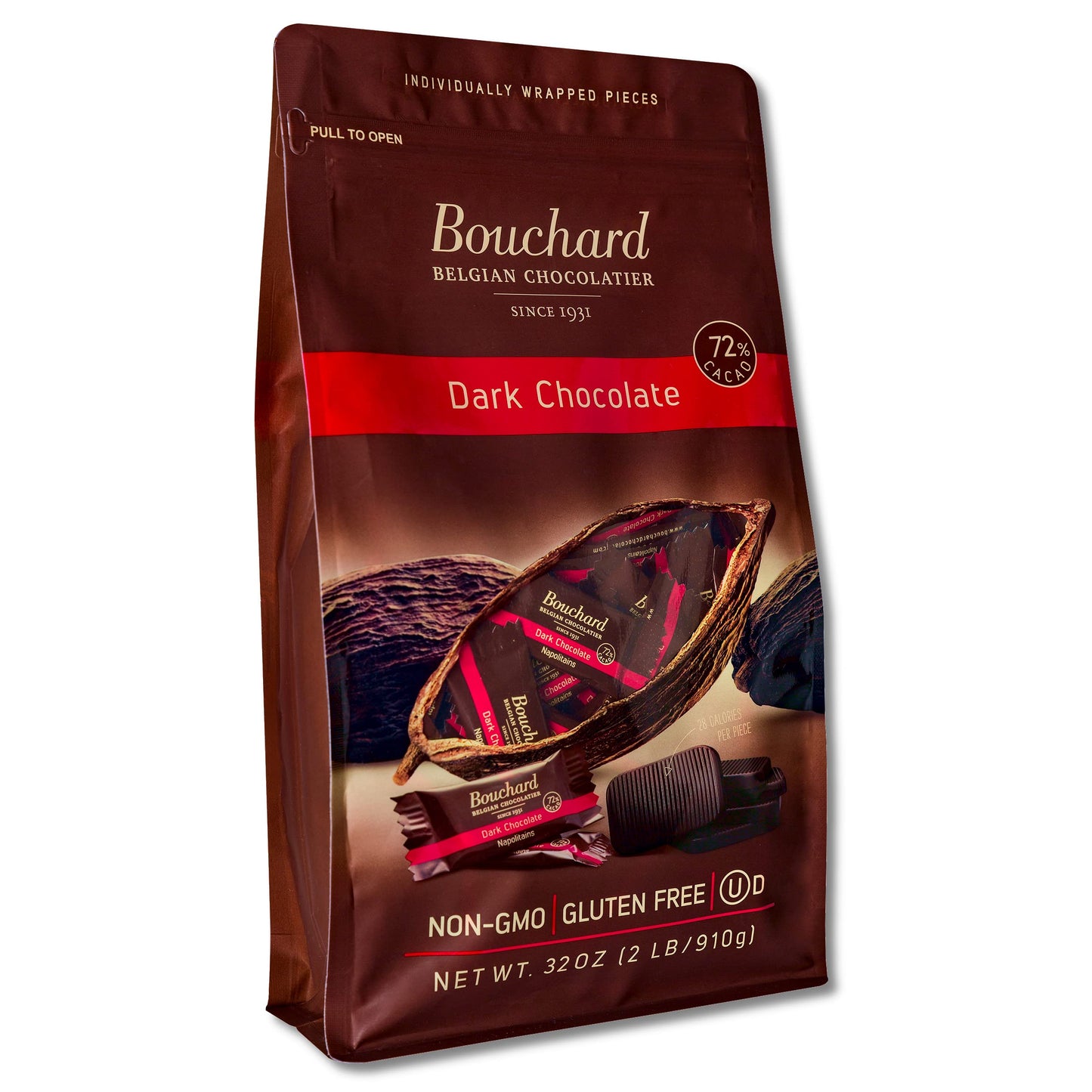 Bouchard Belgian Dark Chocolate, 72% Cacao, Individually Wrapped, 32 Ounce (2 LB)