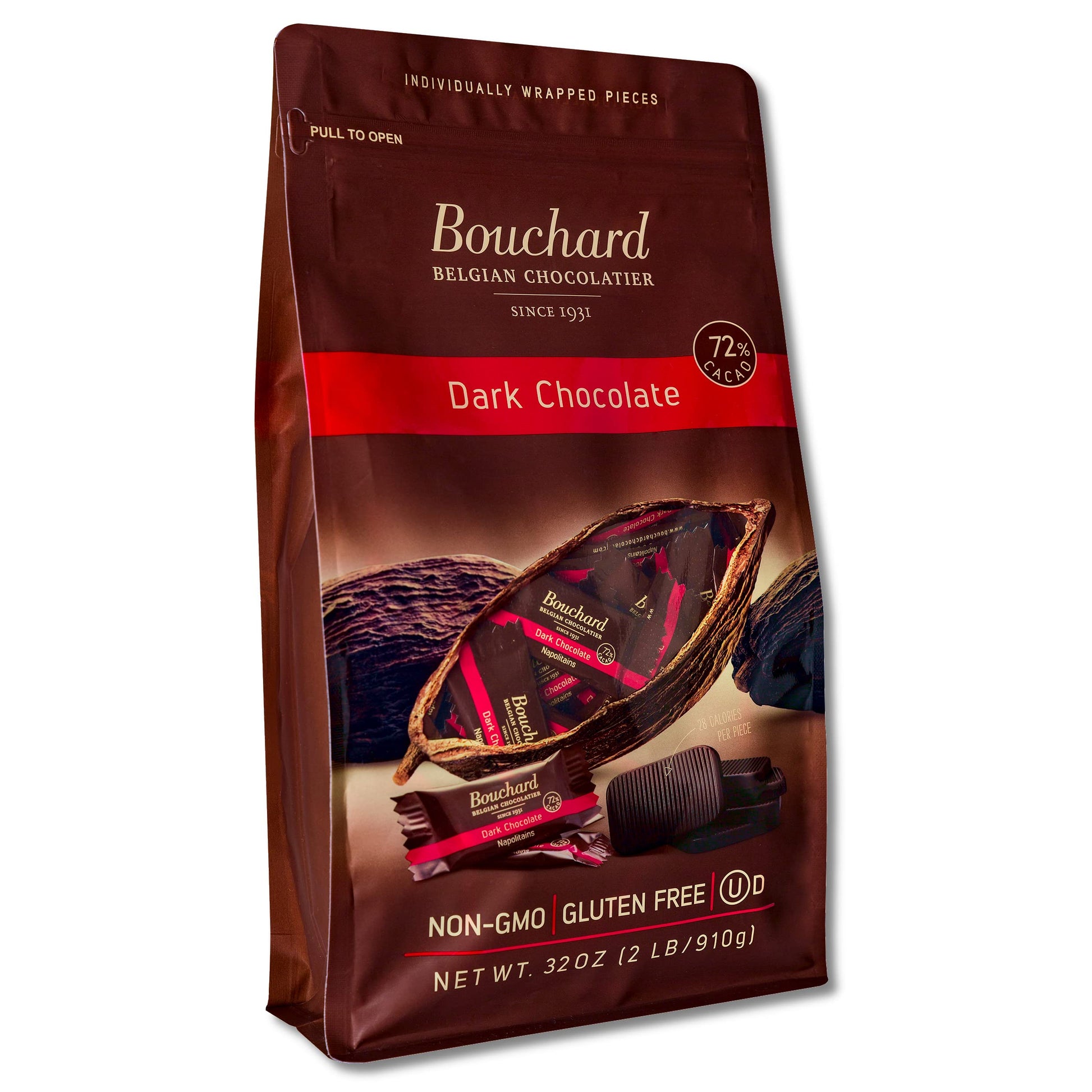 Bouchard Belgian Dark Chocolate, 72% Cacao, Individually Wrapped, 32 Ounce (2 LB)